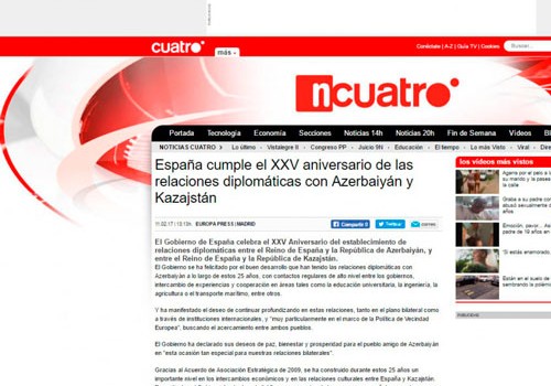 "Cuatro" telekanalı: İspaniya Azərbaycanla əlaqələrin inkişaf etməsini arzulayır